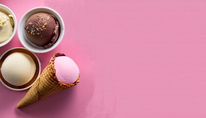 A photo of ice cream on a pink background. Strawberry, vanilla, and chocolate flavors create a sweet and lovely atmosphere.