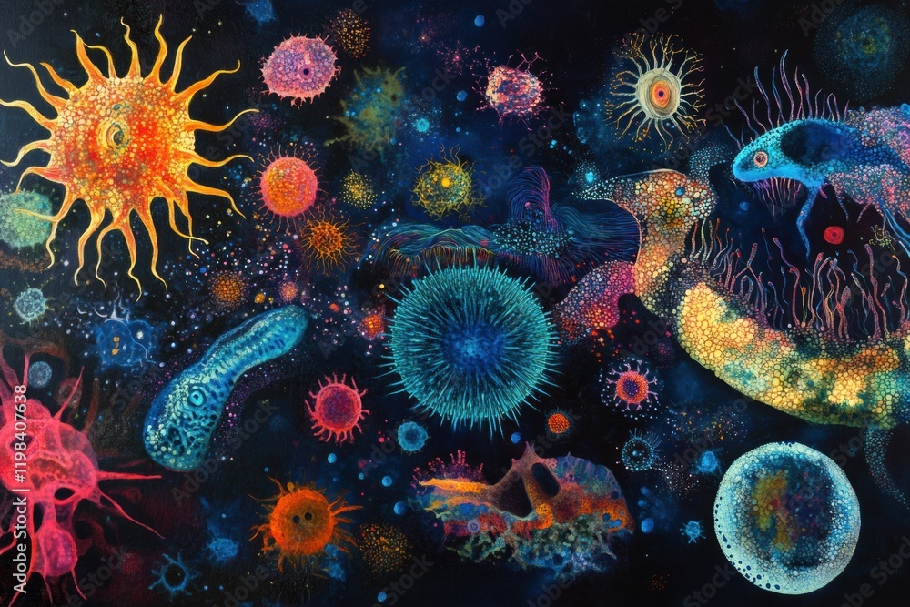 Poster Exploring an array of bacteria and microbes in vibrant colors and forms showcasing their diversity and complexity. Generative AI