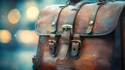 Close-up of vintage brown leather satchel bag with buckles.