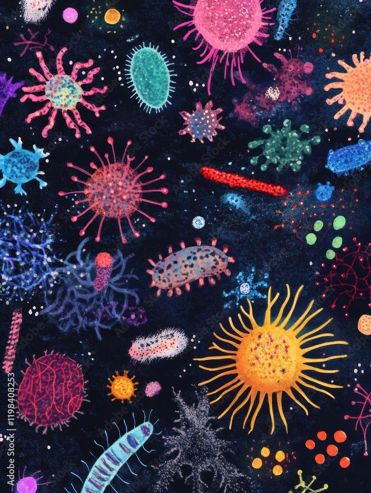 Aufkleber colorful array of bacteria and microbes depicting diverse microbial life in a vibrant universe. gene
