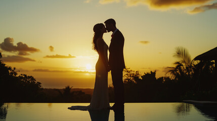 Fototapeta premium Silhouette of Wedding Couple in Love Kissing and Holding Hands During Sunset with Romantic Evening Sky Background