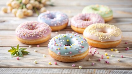 Pastel-colored donuts arranged on a wooden surface, decorated with colorful sprinkles, creating a sweet and delightful arrangement