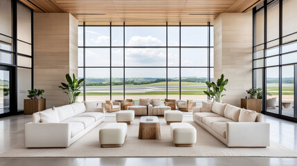Stylish waiting area with panoramic views and modern furniture design
