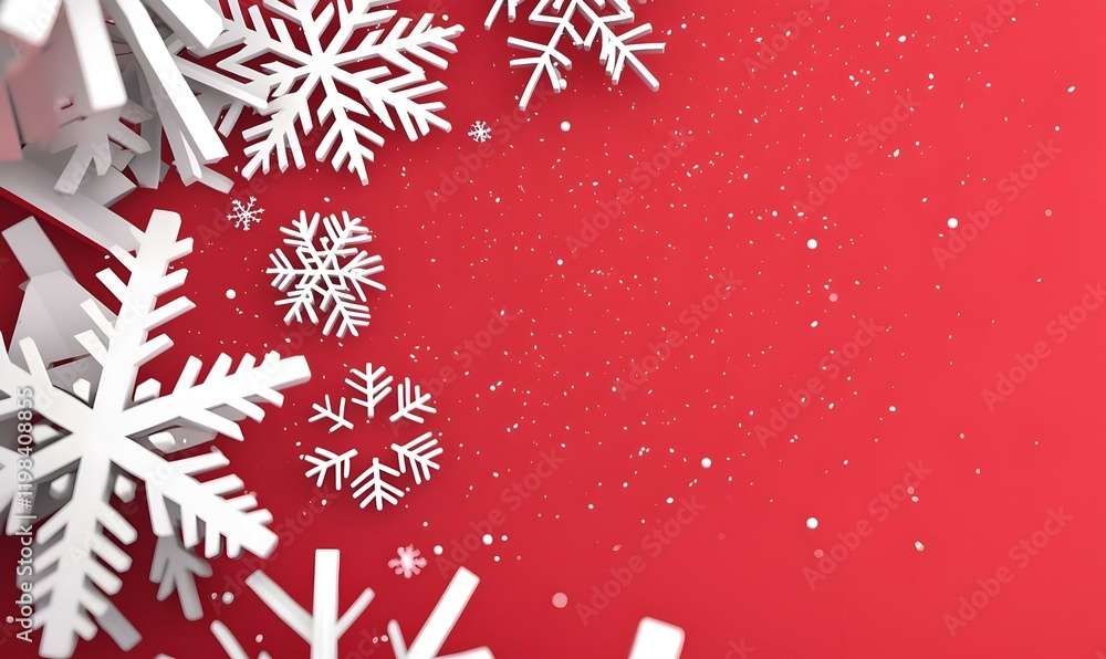 Poster vibrant red backdrop adorned with intricate, dynamic snowflakes, creating a striking contrast and fe