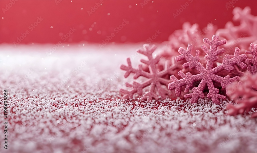 Poster dynamic snowflake design on a vibrant red backdrop, showcasing intricate patterns and a bold contras