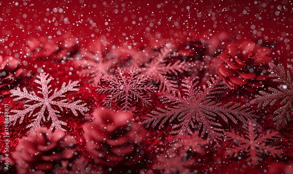 Poster dynamic snowflake design against a vibrant red backdrop, creating a striking visual contrast that ca