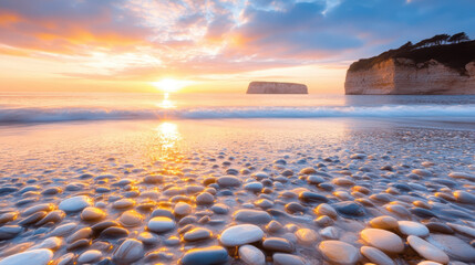 Obraz premium tranquil beach at sunrise with soft waves and pebbles