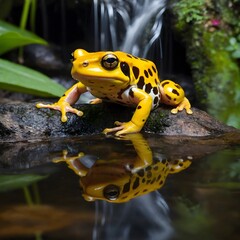 Panamanian Golden Frog in a Vibrant Rainforest with Waterfall