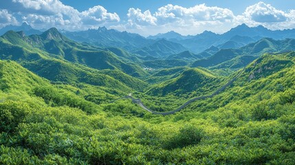 Naklejka premium Majestic Panorama: The Great Wall of China Winding Through Verdant Mountains