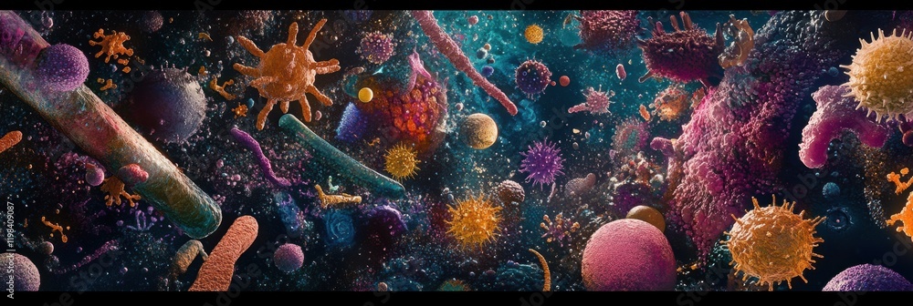 Fototapete array of diverse bacteria and microbes in a vibrant microscopic landscape showcasing their intricate