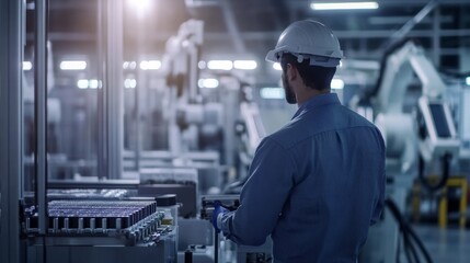 A manufacturing engineer overseeing the production of electric vehicle batteries in a cleanroom facility, with battery cells and assembly robots visible, Battery production cleanroom scene