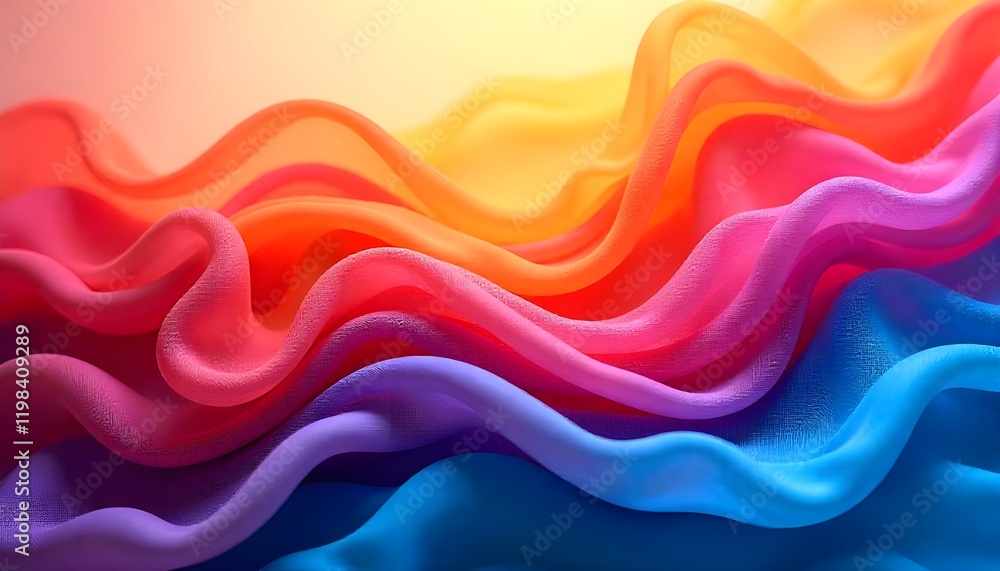 Poster A vivid, colorful abstract background featuring wavy layers of textured translucent fabric, creating a dynamic and ethereal effect