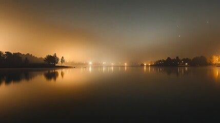 Misty night lake with city lights reflection.