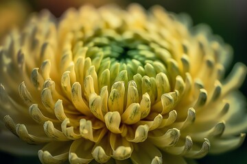 Extreme macro of a vibrant yellow chrysanthemum, showcasing intricate petal details on a soft green-yellow background. Symbolizes life, happiness, and beauty.