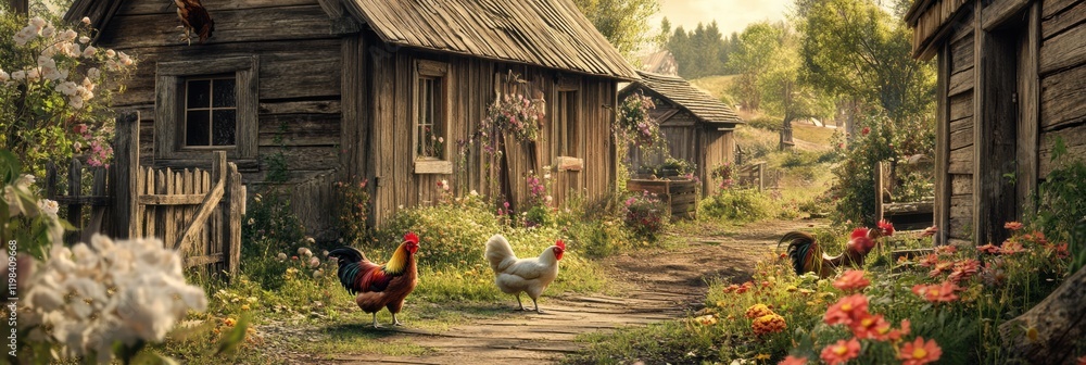 Poster farmyard scene featuring chickens and a rooster in a rustic wooden setting surrounded by blooming fl