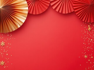 A Chinese New Year background featuring red and gold paper fans at the top and scattered golden glitter with decorative elements on a vibrant red surface. Perfect for festive cards and banners