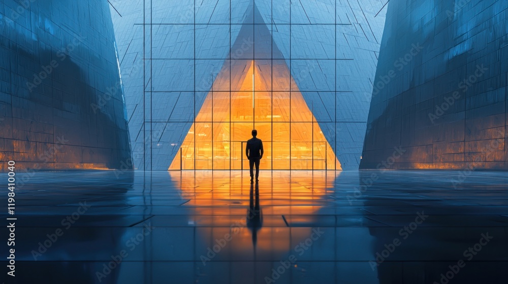 Poster man silhouetted against a glowing triangular window in a modern building.