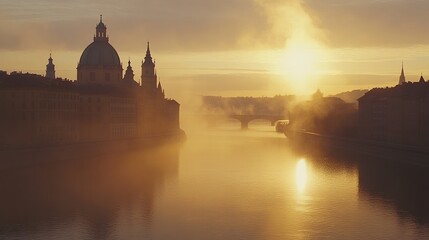 Obraz premium Misty sunrise over river, city buildings and bridge.