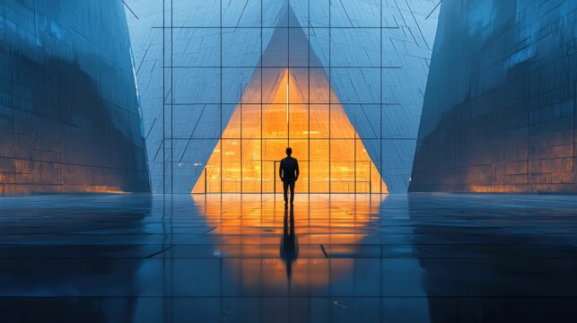 Man silhouetted against a glowing triangular window in a modern building.
