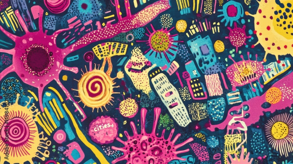 Aufkleber playful map of bacteria colonies depicted as vibrant cities with colorful designs inviting explorati
