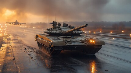 Tank and jet on runway at sunset. Military exercise, powerful imagery for news or defense