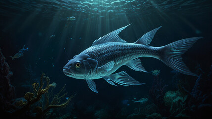 Naklejka premium Large silver fish swimming underwater in deep ocean with sun rays