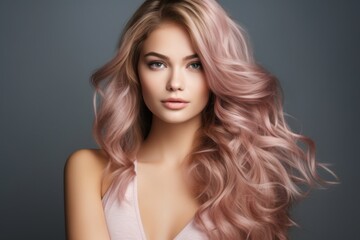 Fototapeta premium Trendy Rose Gold Hair Waves Professional Styling Beauty Portrait Color Treatment Elegant Model