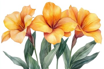 A watercolor illustration of vibrant orange flowers with green leaves.