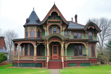 A beautifully restored Victorian-style Queen Anne house style featuring intricate architectural details, vibrant colors, and a large porch. The house has multiple gables and ornate trim.