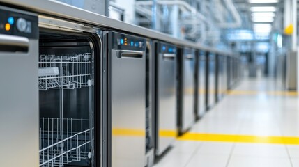 Food safety sanitation health concept. Industrial dishwasher cleaning utensils in a commercial kitchen with stainless steel equipment and automation