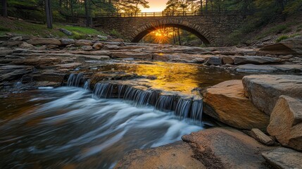 Tranquil Waters and Arch Bridge at Sunset Over Stream Surrounded by Lush Green Trees in a Serene Natural Landscape