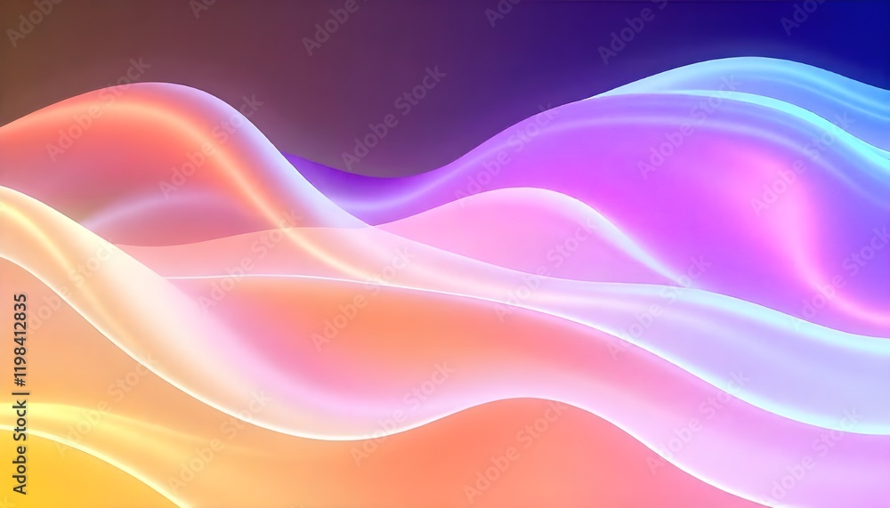 Poster Vibrant abstract waves flowing in bright pastel colors, enhanced by smooth gradient lights that create a dynamic, soft, and fluid atmosphere