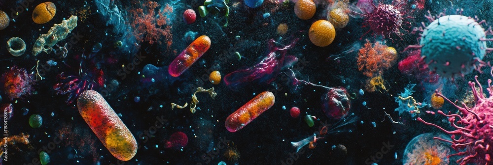 Poster colorful array of bacteria and microbes floating in a dark environment captured in stunning detail. 