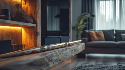Rustic wooden shelf with decor in modern living room.