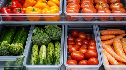 Food safety sanitation health concept. Variety of Fresh Produce Stored in a Temperature Controlled Refrigerator