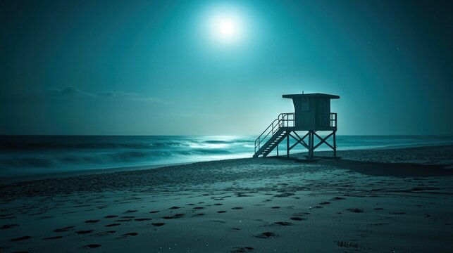 Serene moonlit beach with lifeguard stand.
