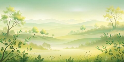 Obraz premium Serene Sunrise Over Rolling Hills and Lush Green Meadows, a Peaceful Pastoral Landscape Painting in Soft Pastel Shades
