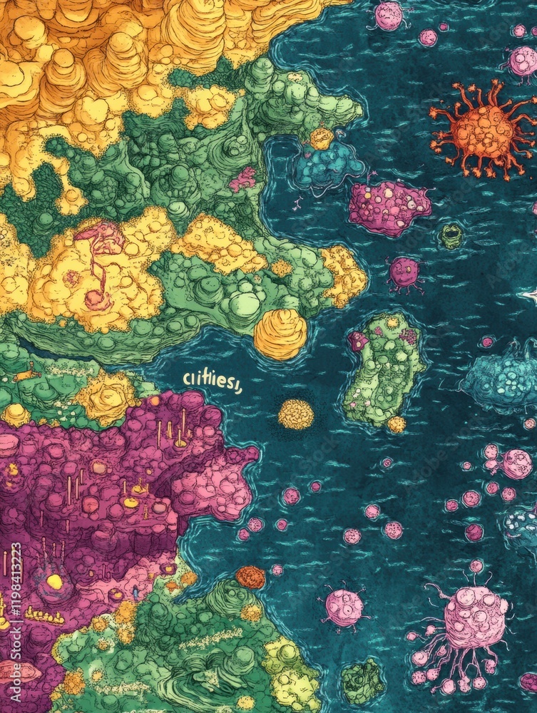 Aufkleber colorful and playful map representing bacteria colonies as vibrant cities in a whimsical exploration