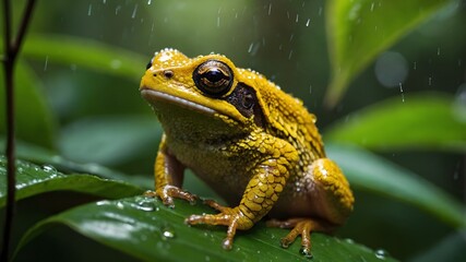 Vibrant Golden Coquetry Frog Amidst the Rich Greenery of Putter African Rainforest