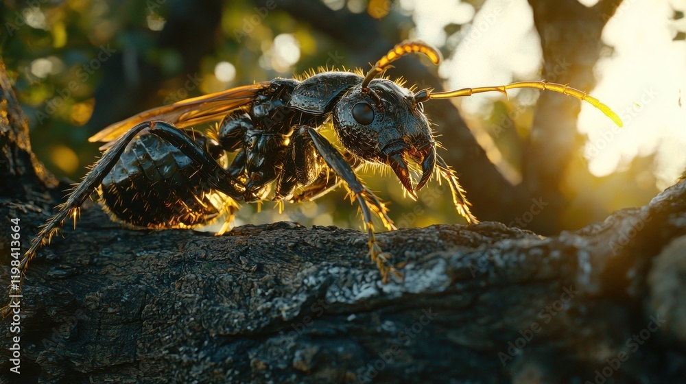 Poster close-up of a large ant on a tree branch at sunset.