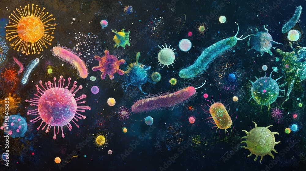 Aufkleber Colorful array of bacteria and microbes under microscopic observation in a dark background setting. Generative AI