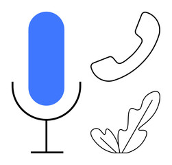Blue microphone in center, black outlined phone receiver, and leaf design on white backdrop. Ideal for tech icons, communication apps, digital media, podcasts, customer service, mobile devices
