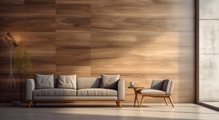 Stylish living room with wooden accents and natural light in urban setting