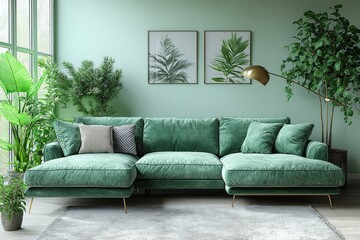  Elegant large sofa with chaise lounge in light olive velvet fabric and gold legs, minimalist modern living room with plants and floor lamp on white background.