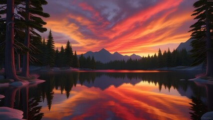 Fototapeta premium AI GENERATE, Majestic sunset over a serene mountain lake, surrounded by pine trees