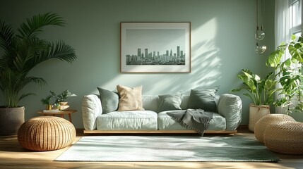 Cozy living room featuring a light green sofa, cityscape artwork, and lush indoor plants
