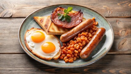 A hearty breakfast plate featuring fried eggs, grilled bacon, savory sausages, and baked beans, served on a rustic wooden table.