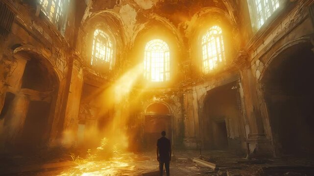 A person stands in an abandoned church filled with natural light, highlighting the decay of the interior.