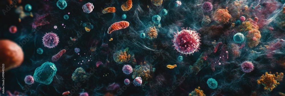 Aufkleber exploration of diverse bacteria and microbes in a vibrant ecosystem showcasing various shapes and co