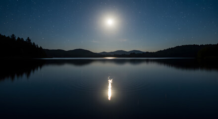The serene landscape featured the moon casting its reflection on the tranquil waters.

